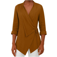 V Neck Wrap Knot Side Top for Women Tie Waist Lapel 3/4-brown L