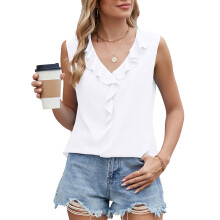 Women's Sleeveless Ruffle V-Neck Work Shirt, Business-White XL