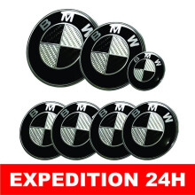7-teiliges BMW-Logo-Emblem, Carbonschwarz, Grau, Motorhaube 82 mm + Heckklappe 74 mm + Lenkrad + 4 Radkappen 68 mm