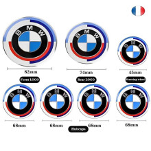 KIT 7 Badge Logo Emblem BMW 50th Anniversary Edition Motorkap 82mm + Achterklep 74mm + Stuurwiel + 4 x Wielkappen 68mm
