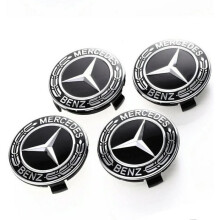 Set di 4 coprimozzi da 75 mm per cerchi con logo Mercedes, colore nero, nuovi.