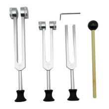 Set di 4 diapason (128 Hz, 256 Hz, 512 Hz) con martelletto per vibrazione sonora, strumento con base, argento
