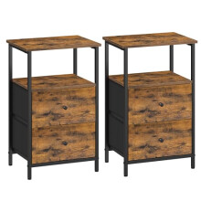 VASAGLE Bedside, Set of 2, Side End Tables with 2 Fabric Drawers, 61 cm Tall with Storage Shelf, for Living Room, Bedroom, Ash, Rustic Brown, Ink