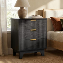 Skokliz Bedside Table with 3 Drawers, Wood Nigntstand for Bedroom, Fluted End Table for Living Room, Natural Wood
