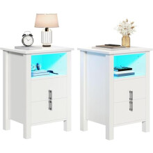 YITAHOME Bedside Table Set of 2, Led White Bedside Cabinet Set of 2 with LED Lighting, Nightstand with 2 Drawers for Bedroom, Living Room
