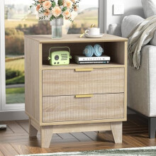 Yvsevnr Fluted Bedside Tables with 2 Drawer, Flexible Open Compartment, Wooden Sofa Side Table End Tables with Metal Handle Nightstand for