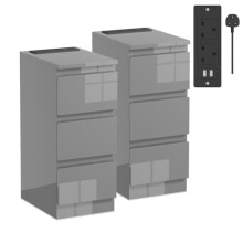 Rainbow Tree Slim Bedside Table Set of 2 with Charging Station Grey, Modern High Gloss Narrow Bedside Cabinet with 3 Drawers, Nightstand for Bedroom,