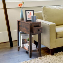 LUSUOWLZ Brown Chairside Narrow End Table, Solid Wood Recliner Side Table with Drawer, Slim Nightstand Bedside Table for Living Room Bedroom