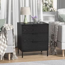 Yvsevnr Black Wooden Bedside Table with 3 Drawers Chest of 3 Drawers Bedroom Nightstand Modern Bedside Cabinet Side Table with Metal Legs, for Living