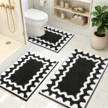 Homodeco Bathroom Mat Sets 3 Piece, Absorbent Soft Non-Slip Bath Mats Set and Toilet Mat, Machine Washable Bath and Pedestal Mat Sets, Black & White