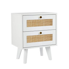 Skokliz white Bedside Table with 2 Drawers, Rattan Nightstand for Bedroom, Wood modern End Table for Living Room, Small Spaces