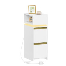 HEXCELEN Slim Bedside Table, Bedside Cabinet with LED Lighting, Small Nightstand with 2 Drawers and 1 Open Space, Side Table, for Bedroom, Living
