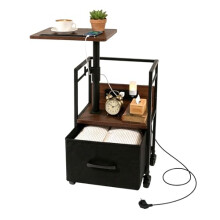 Bingyouth Bedside Table with Charging Station, Rotating Nightstand on Wheels with Adjustable Height, Drawer Storage and Swivel Top, Narrow Side Table