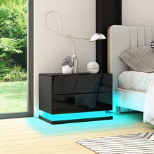 Senvoziii High Gloss Bedside Table with RGB LED Light Nightstand Wooden Storage Cabinet Chest of 2 Drawers for Bedroom Living Room Large Capacity