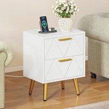 DWVO Bedside Table with 2 Drawers and Power Station, Modern Nightstand End Table with Gold Metal Legs and Handles, Storage Side Table for Living Room,