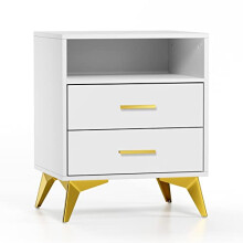 Skokliz White Bedside Table with 2 Drawers, Morden Nightstand Features Gold Metal Legs, Wood Side Table for Bedroom, Living Room, Small Spaces