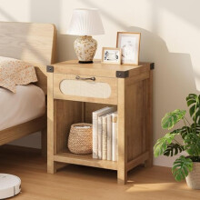 Garvee Boho Farmhouse Storage Cabinet, Rattan Bedside Table with Drawer & Open Shelf, Slim Nightstand for Bedroom, Living Room & Hallway, Natural