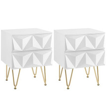 EUGAD Set of 2 Bedside Tables, Nightstands with 2 Drawers, 3D Front, Metal Legs, 40x40x53cm, White Chests of Drawers for Bedroom/Living Room/Study,