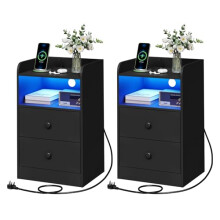 WOLTU Bedside Tables Set of 2 with Charging Station, Black Side Tables with LED Lights, 2 Sockets & 2 USB Ports, 2 Drawers & Open Compartment,