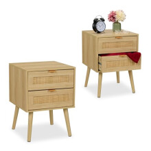 Relaxdays Bedside Table Doppel-Pack with Rattan Drawers, Wood Nightstand, Storage Cabinet, 55x40x41 cm