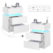 WOLTU Bedside Tables Set of 2, Nightstands with Charging Station, LED Night Tables, with 2 Sockets, 1 USB Port and 1 Type-C Port, 2 Drawers, White,