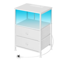 WOLTU Bedside Table with Charging Station, Nightstand Bedside Cabinet with LED Lights, 2 Drawers 1 Open Shelf, Metal Frame, Side Table for Living Room