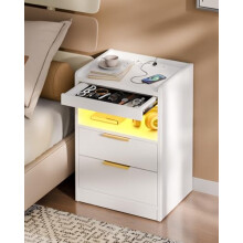 Mondeer LED Bedside Table with Hidden Drawer, Bedside Cabinet with Charging Station and 3 Drawers, Nightstand with Storage for Bedroom Living Room