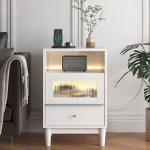 Jehiatek Bedside Table with Charging Station & LED Lights, Nightstand with 2 Drawers & USB Ports, Modern Bedside Cabinet with Socket & Open