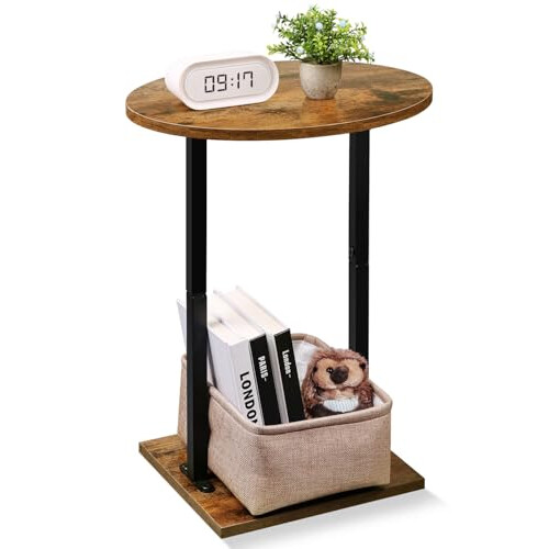 Eufrozy Round Side Table, Sofa End Table with Fabric Basket, Compact Bedside Table, Rustic Brown Small Lamp Plant Coffee Table, for Small Spaces,