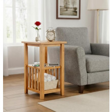 Hallowood Furniture Aston Side Table with Charging Station and Magazine Storage, Narrow Bedside Table with Power Sockets with USB Ports, Lamp/Plant