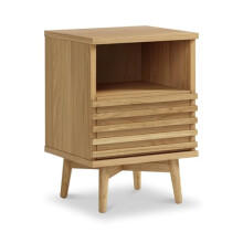 RoselandFurniture Kari Light Oak Slim Bedside Table Cabinet with Shelf | Solid Wood Mid Century Retro Slatted 1 Drawer Nightstand for Bedroom
