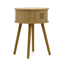 Carousel Home Nordic Scandi Style Round Slide Door Cabinet | Sliding Door Side Table Wooden Nightstand Bedside Table | Fluted Sofa Side Table With
