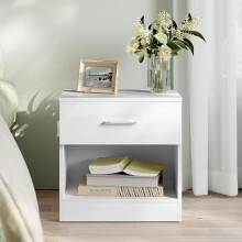 Comfy Living Modern Bedside Table with Drawer and Open Shelf, High Gloss, Bedroom Storage Table (White)