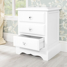 Romance True White Solid Wood French Style 3 Drawer Bedside Cabinet with Diamond Crystal Handles | Comes Fully Assembled | Wooden Bedside Table,