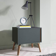 Design Elements Small Bedside Table Organiser - Elegant & Nordic Grey Bedside Table w/Natural Pine Legs, Spacious Surface & Cupboard for Books, Lamp &