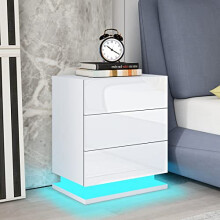 BESTWANTED Bedside Table High Gloss Front 3 Drawers Nightstand Modern Bedside Cabinet with LED Lights Bedroom Furniture 60 x 35 x 50CM (White)