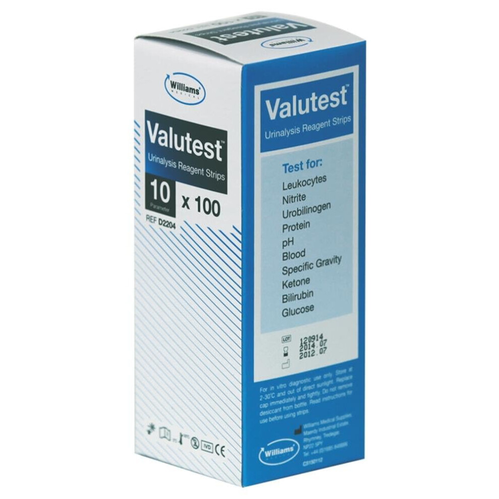 Valutest D2204 10 Parameter Urinalysis Reagent Strip, Pack Of 100