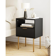 HEYZOEY Bedside Table, Small Bedside Tables with Drawer and Storage Shelf, Wooden Nightstand with Gold Legs, Mid-Century Modern Bed Side End Table for