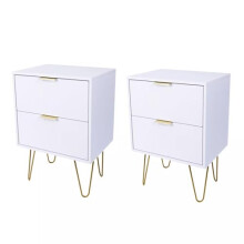 Dylex Bedside Table Storage End Table, 2 Drawers, White with Gold Legs, Set of 2