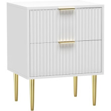 BLUEBRIT White Bedside Table 2 Drawer Nightstand Modern Ribbed Cabinet with Gold Legs & Handles, Bedroom Storage Side Table Furniture