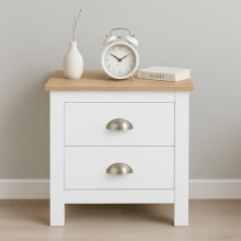 Home Treats White & Pine 2 Drawer Bedside Table | Modern Wooden Nightstand With Pine Top, Bedroom Storage Cabinet for Lamp, Books & Essentials (White,