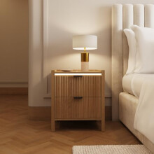 Zion LED Bedside Table with Touch Sensitive Light 2 Drawer Oak Finish Nightstand with Black Handles, Modern LED Bedside Cabinet for Bedroom Storage