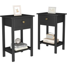 mcc direct Solid Wooden Bedside Table, Set of 2 Narrow Side End Tables, Modern Narrow Bedroom Nightstand with Open Shelf and Drawer for Bedroom,