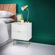 Fizporium Embossed Loft Studio 2 Drawer Bedside Table With 2 Drawer Gold Legs Side Table Bedroom Furniture - White