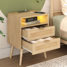 Halitaa Rattan Nightstand with Charging Station USB Port Led Lights and 2 Storage Drawers, Bedroom Furniture Night Stand Bedside Table End Table (1
