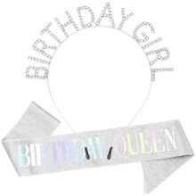 DRESHOW Birthday Girl Headband Tiara with Sash Princess Crown Rhinestone Happy Birthday Accessories for Women Girls
