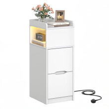 Quikraen Narrow Bedside Table with Sensor LED Light, Slim Side End Table with Charging Station, Small Bedside Cabinet with 1 open Compartment and 2