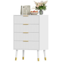 Bedside Table 4 Drawer Fluted, Chic Bedside End Sofa Table, Nightstand with Heavy Duty Wooden Legs & Metal Handle, Bedroom Dresser Chest of Drawers