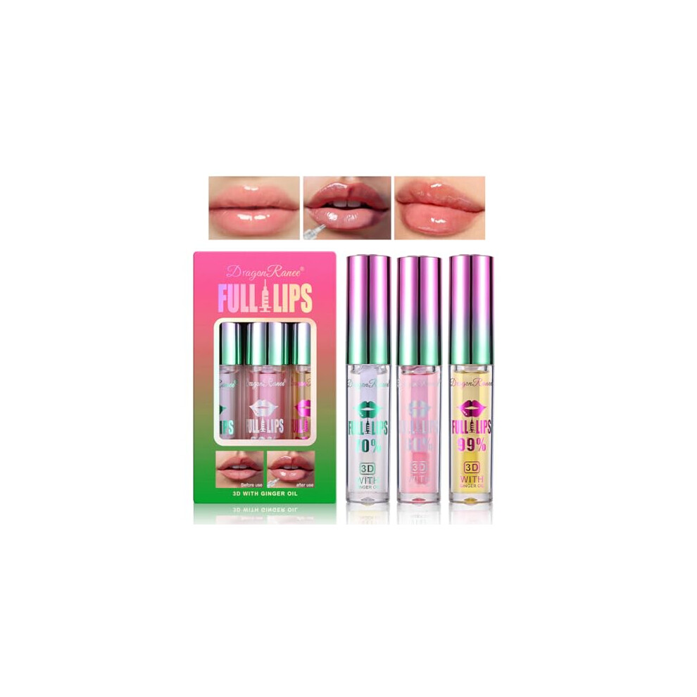 Dulele 3 Pcs Plumping Lip Oil Set, Moisturizing High-Shine Non-Sticky Lasting Plump Gloss, Transparent Hydrating Liquid Lipstick, Lip Care Lip Glaze Makeup