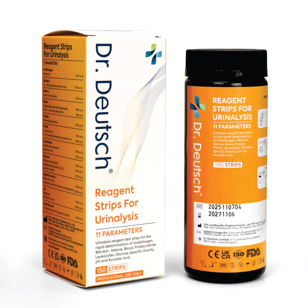 Dr. Deutsch 150 Pack 11-In-1 Urine Test Strips ? Rapid Home Urinalysis Tests For Uti, Glucose, Ketones, Protein, Ph & More | Ce & Ukca Certified